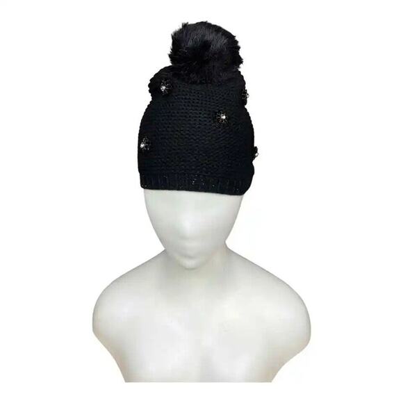 Neiman Marcus Women’s Black Beaded Floral Knit Pom-Pom Beanie Hat One Size NWT - Picture 8 of 8